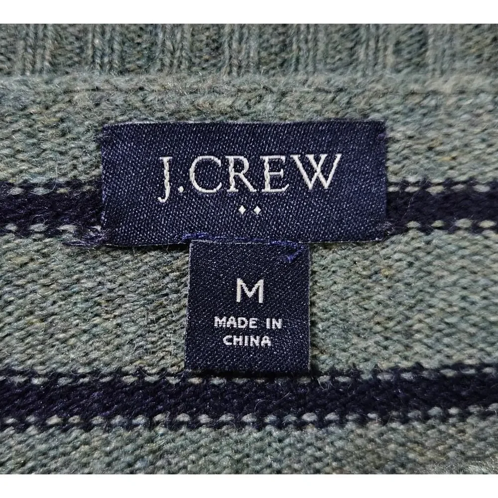 J Crew Men's M Sweater Lambs Wool Blend Green Blue Striped Long Sleeve Preppy 42